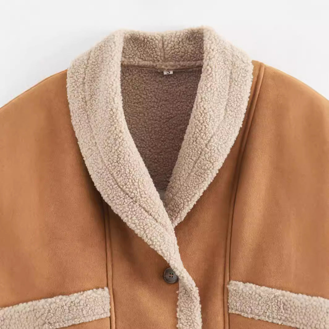 Women nan boxy short jacket in aviator look with large shawl collar and teddy lining Mune Fashion