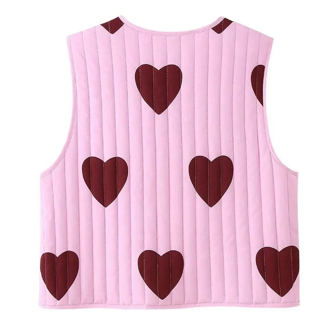 Women quilted vest with heart appliqués and ties Mune Fashion