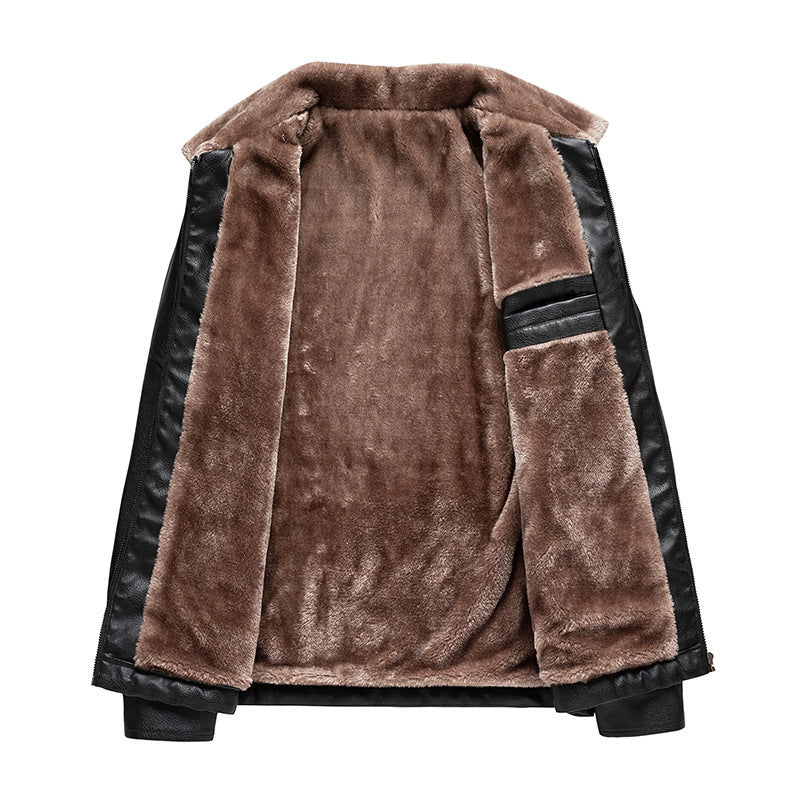 Men's Faux Leather Pilot Jacket with Teddy Collar and Zipper Mune Fashion