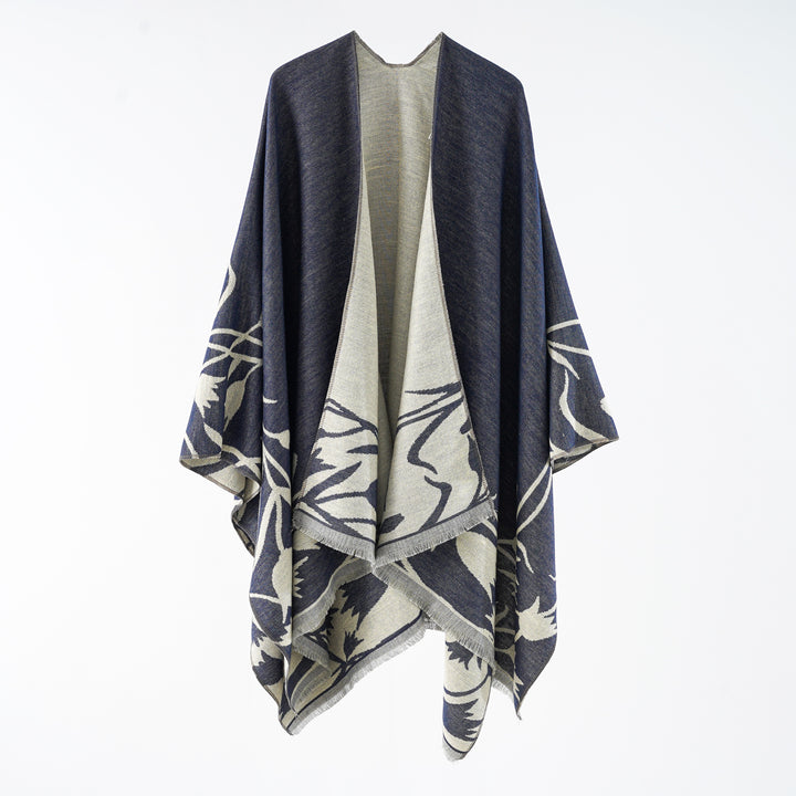 Ladies Elegant Reversible Ruana Wrap in Double-Faced Wool Blend with Floral Jacquard Design