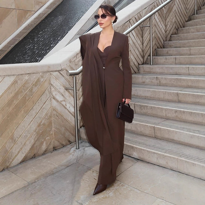 Women Elegant Coat Dress with Cape Shoulder and Tailored Silhouette Mune Fashion