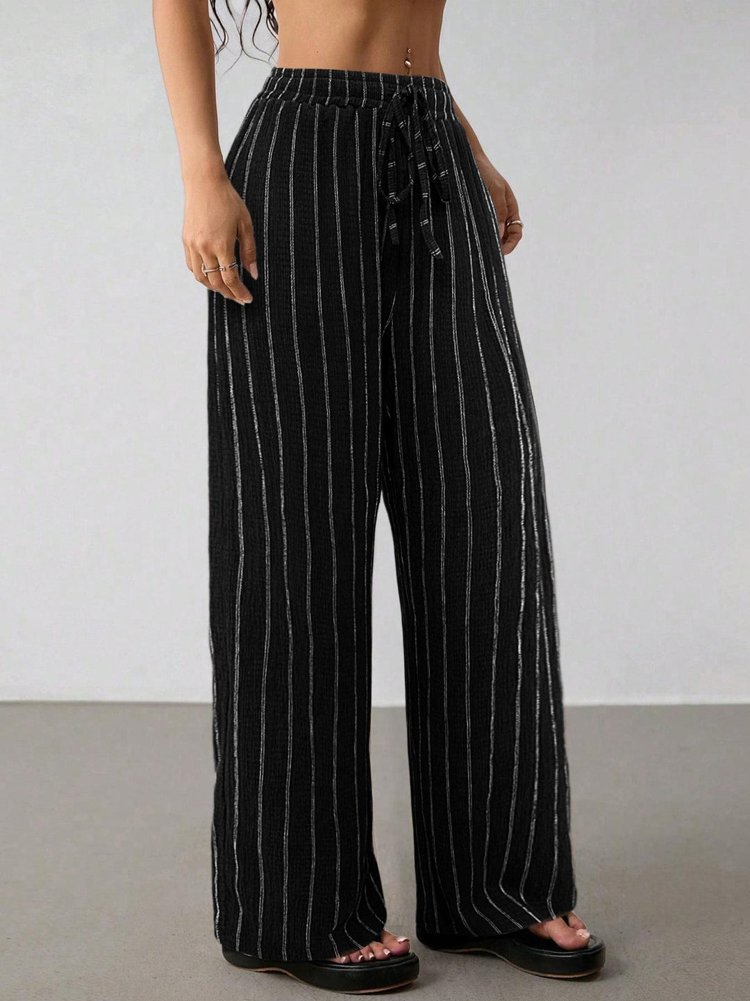 Women's Wide Knit Pants with High Waist and Drawstring Mune Fashion