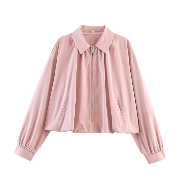 Women's Short Lightweight Oversized Blouson Jacket with Zipper and Folded Collar Mune Fashion