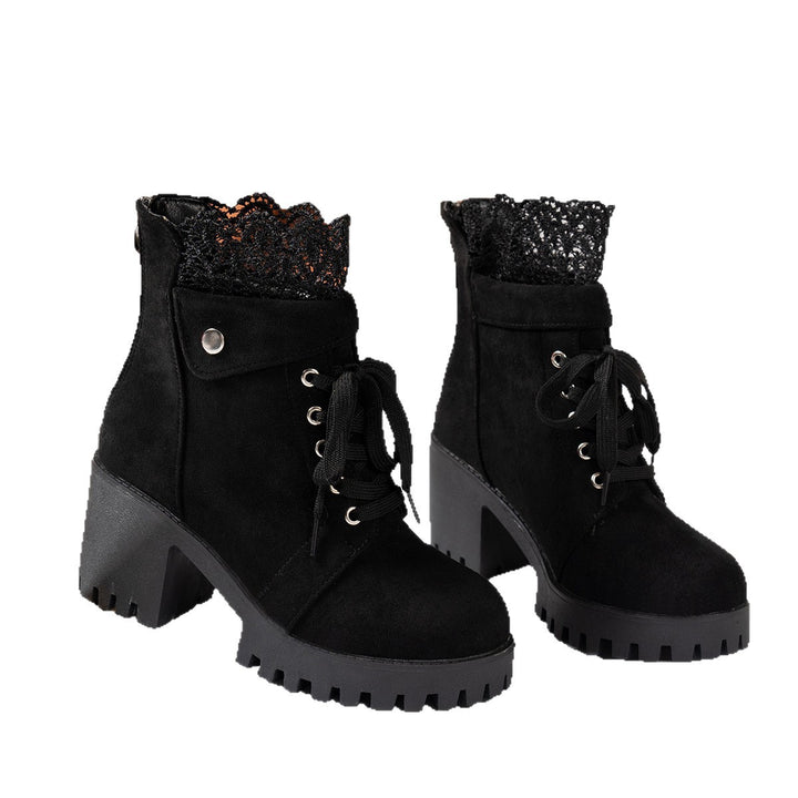 Women's lace-up ankle boots with chunky sole, mid-high block heel and pointed collar Mune Fashion