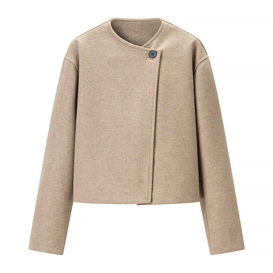 Women Short-Cut Wool Boxy Jacket with Asymmetrical Button Placket Mune Fashion