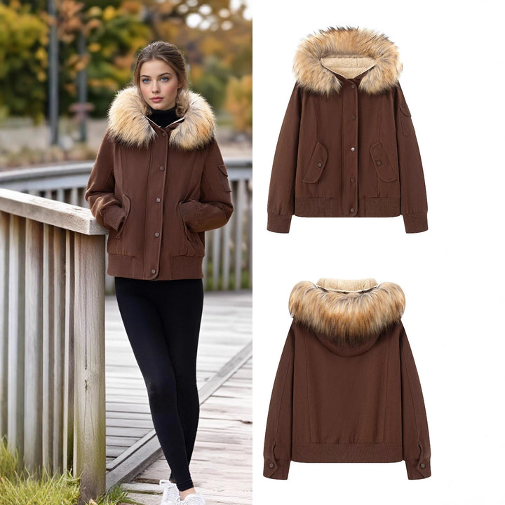 Women's Padded Bomber Jacket with Hood and Removable Faux Fur Collar Mune Fashion