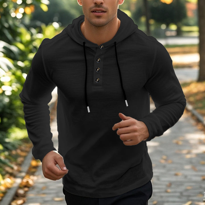 Men's casual hoodie in Henley style with button placket and adjustable drawstring Mune Fashion