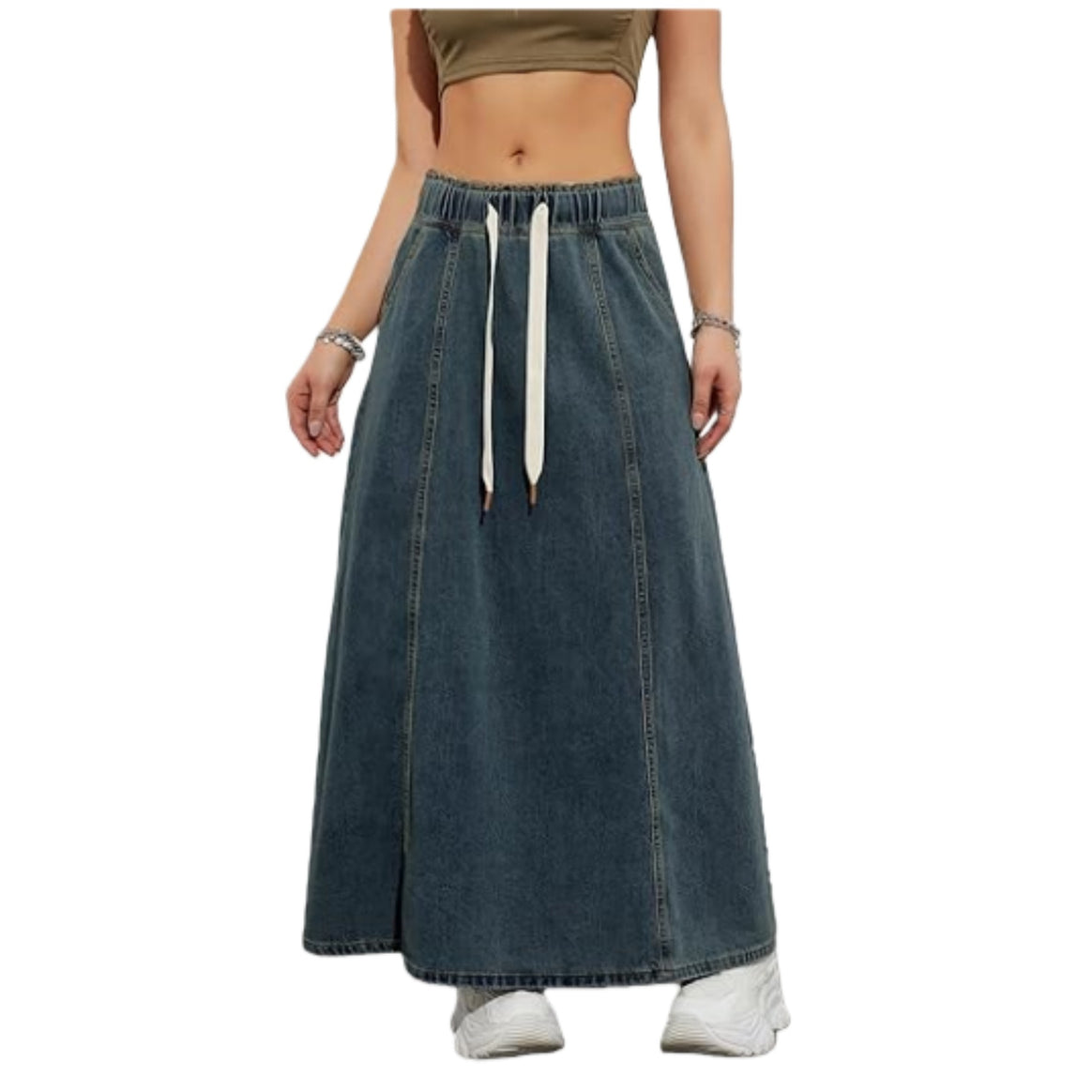 Women Longer A-Line Denim Skirt with Elastic Waistband and Cord Mune Fashion