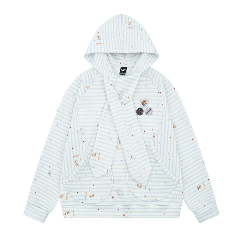 Women Cozy Hooded Oversized Sweater with Integrated Bow Scarf and Patch Pockets