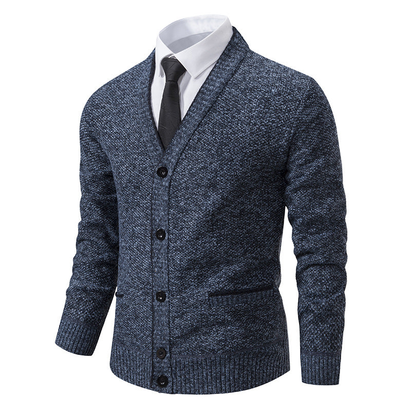 Men's knitted cardigan with melange structure, V-neck, contrast edges, and patch pockets Mune Fashion