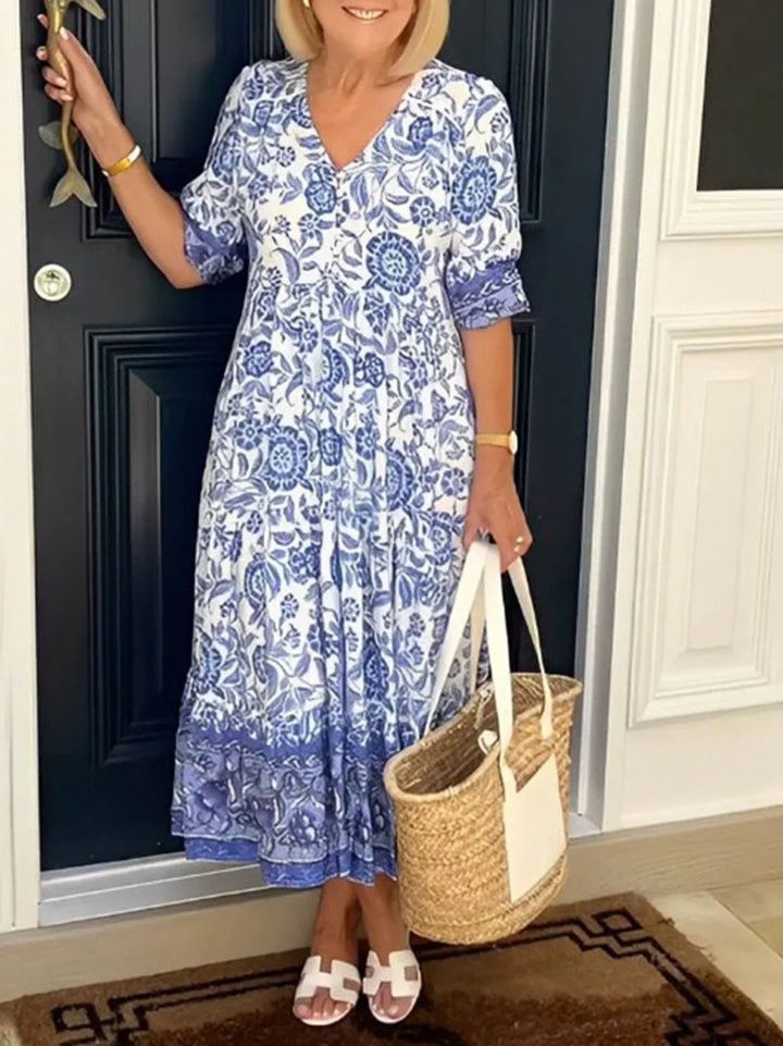 Women's Casual Tiered Midi Dress with V-Neck, Gathered Yoke and Ruffled Hem Mune Fashion
