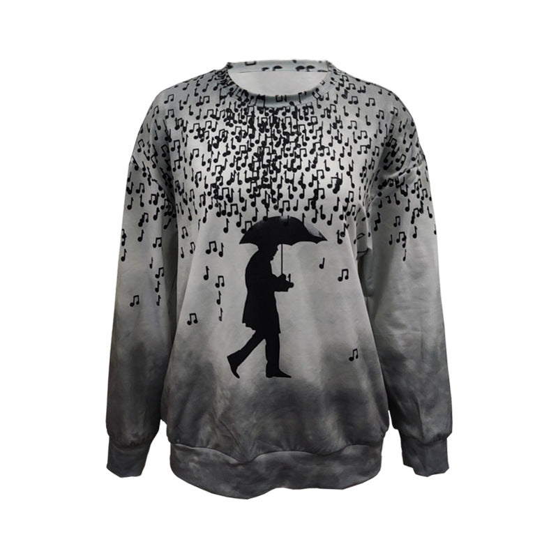 Women Long Sleeve Relaxed Sweatshirt with Music Rain Print and Silhouette Design Mune Fashion