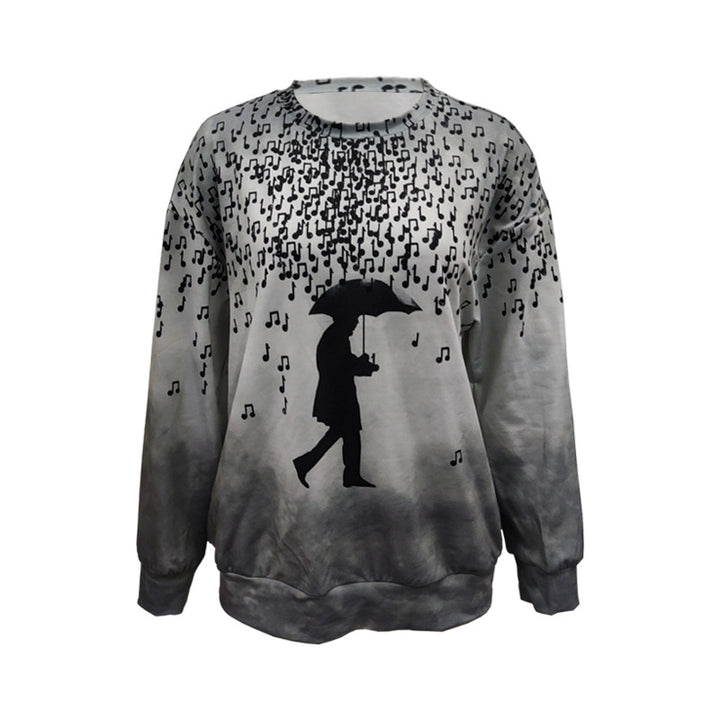 Women Long Sleeve Relaxed Sweatshirt with Music Rain Print and Silhouette Design Mune Fashion