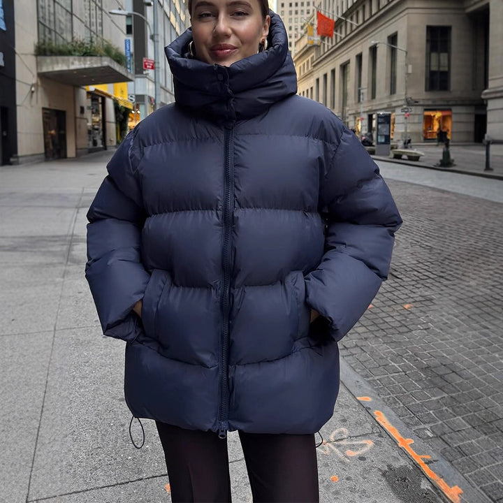 Women's Oversized Quilted Puffer Jacket with Removable Hood and Two-Way Zipper Mune Fashion
