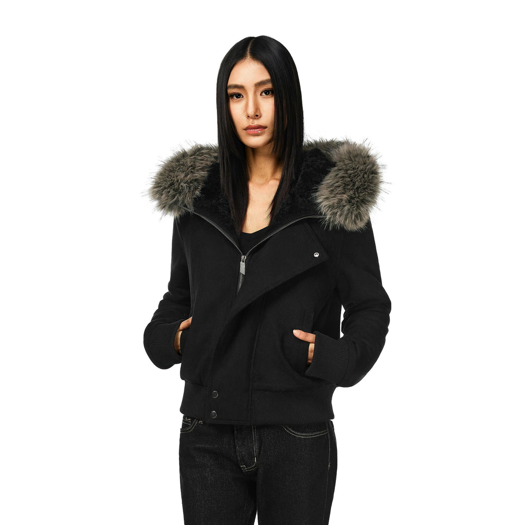 Women's short lambskin look bomber jacket with voluminous hood trim and thumb hole cuffs Mune Fashion