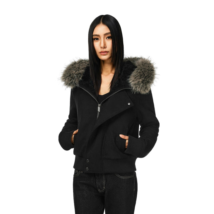 Women's short lambskin look bomber jacket with voluminous hood trim and thumb hole cuffs Mune Fashion