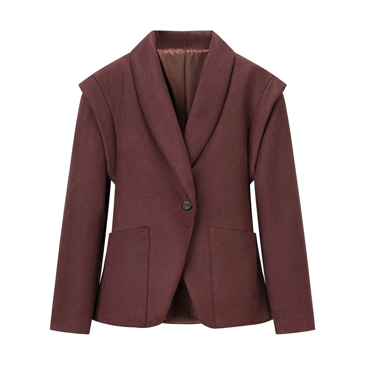 Women's elegant velour-look blazer with deep shawl collar, single-button closure, and large patch pockets Mune Fashion