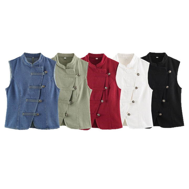 Women Tailored Vest with Mandarin Collar and Asymmetrical Loop Hook Closure Mune Fashion
