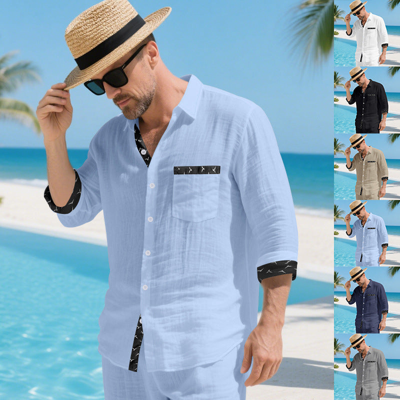 Men's linen shirt with contrast trim, chest pocket, and rolled-up sleeves Mune Fashion