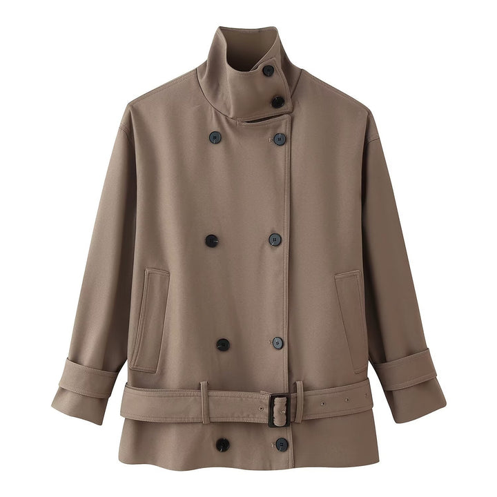 Women Short Double-breasted Trench Coat with Stand-up Collar and Waist Belt Mune Fashion
