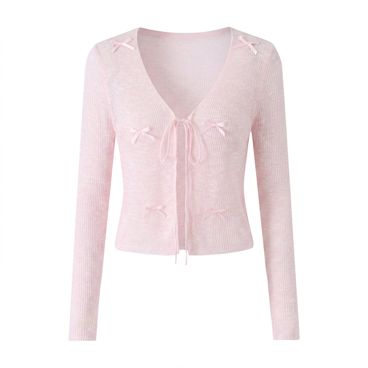 Women Cropped Fine Knit Cardigan with V-Neck, Tie Strap and Decorative Bows Mune Fashion