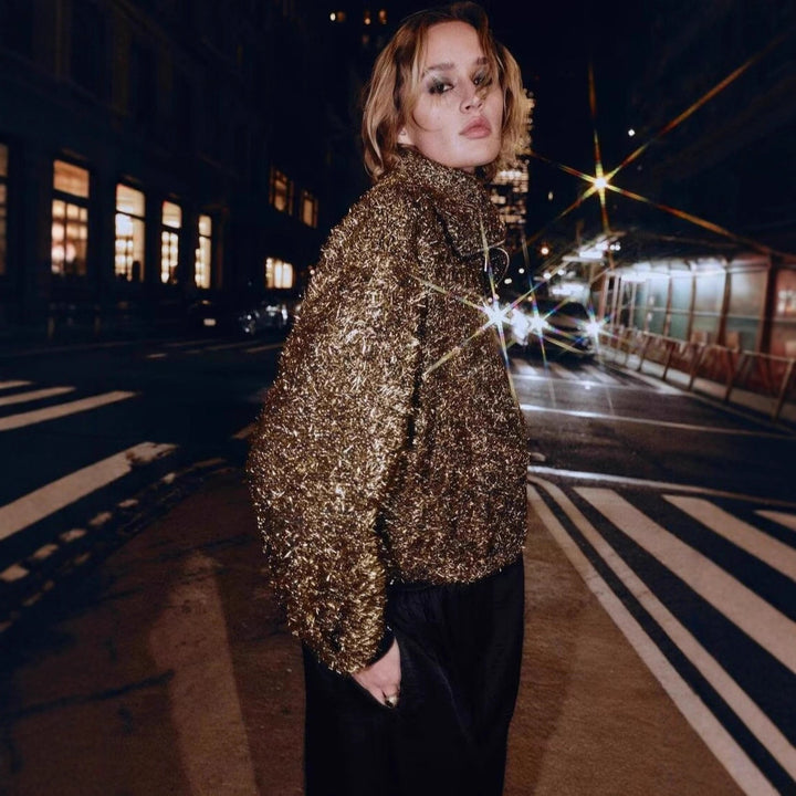 Ladies Glittering Boucle Zip Jacket with Wide Collar and Cropped Boxy Cut Mune Fashion