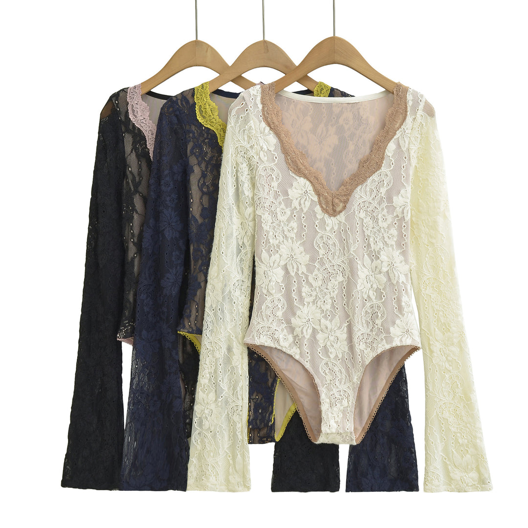 Women's lace bodysuit with long sleeves, deep V-neck and fine tulle lace.