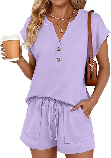 Women Casual Two-Piece Lounge Set with Button Placket, Drawstring Shorts and Pockets Mune Fashion