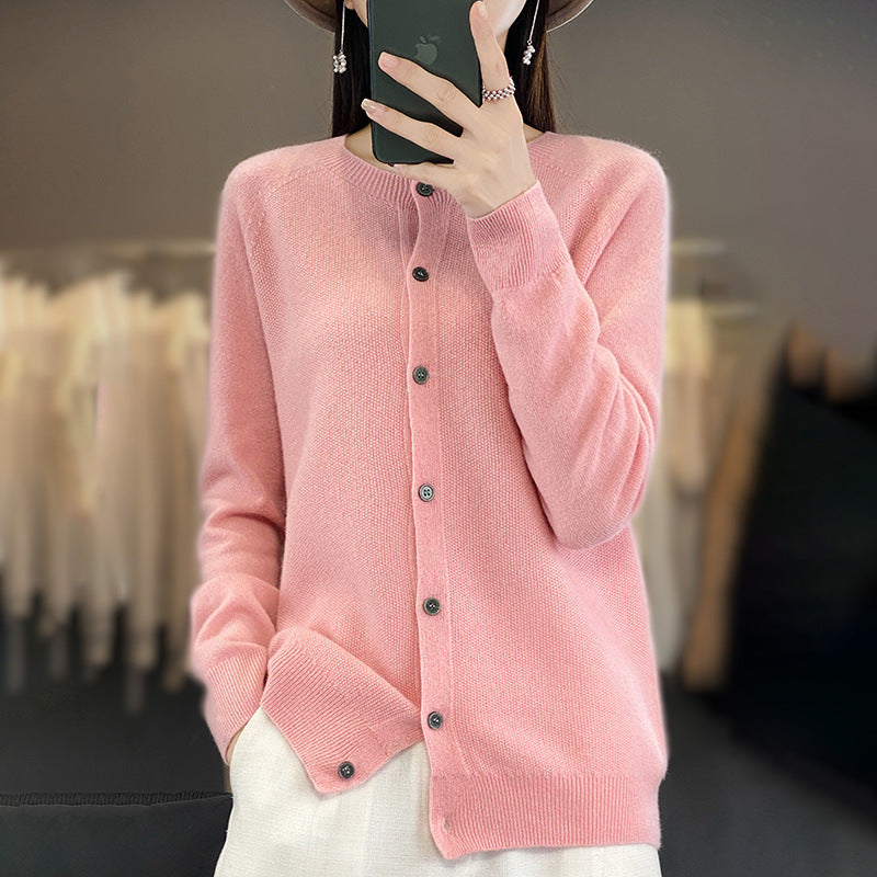Women's Short-Cut Cardigan in Mohair-Look with Round Neckline and Pearl Buttons Mune Fashion