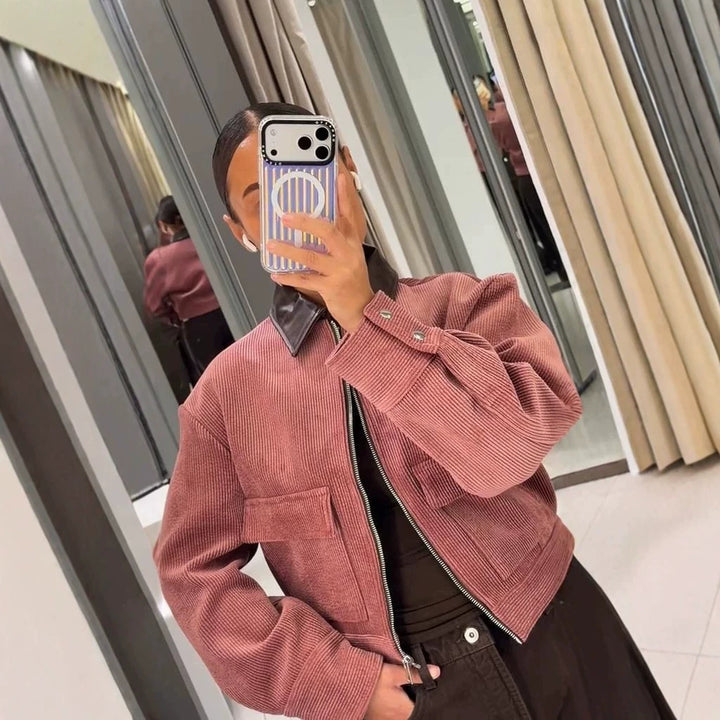 Women's Short Cord Jacket with Contrasting Leather Collar, Oversized Silhouette and Metal Zipper Mune Fashion