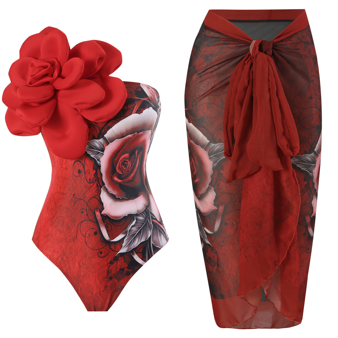 Ladies Elegant Swimsuit with Large Floral Detail and Transparent Overlay Mune Fashion