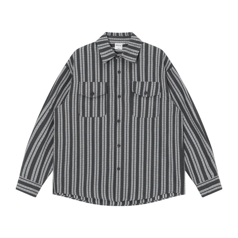 Men's oversized shirt jacket with vertical stripes, patch chest pockets, and rounded hem Mune Fashion
