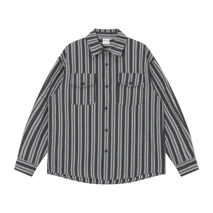 Men's oversized shirt jacket with vertical stripes, patch chest pockets, and rounded hem Mune Fashion