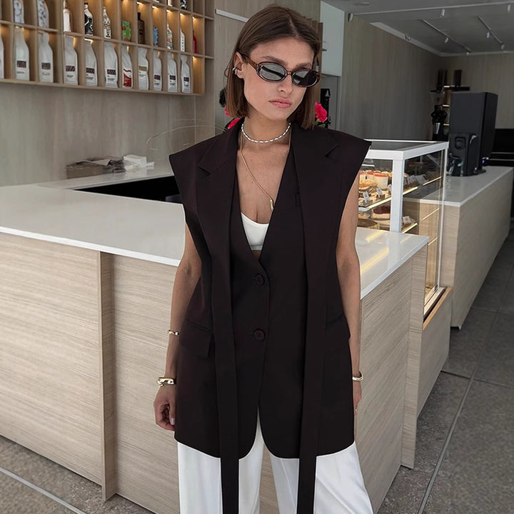 Women Sleeveless Long Blazer Vest with Structured Shoulders and Long Ties Mune Fashion