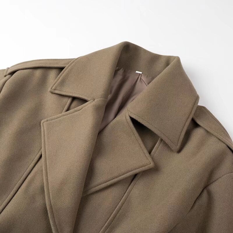 Women's Short Wool Blend Trench Coat with Belt, Epaulettes and Wide Lapels Mune Fashion