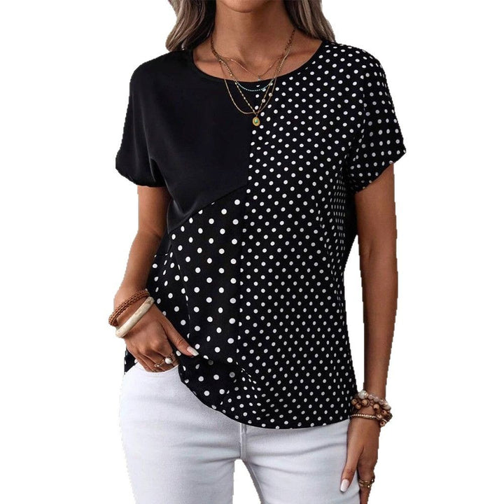 Women nan casual polka dot short sleeve top with asymmetrical seam and round neck Mune Fashion