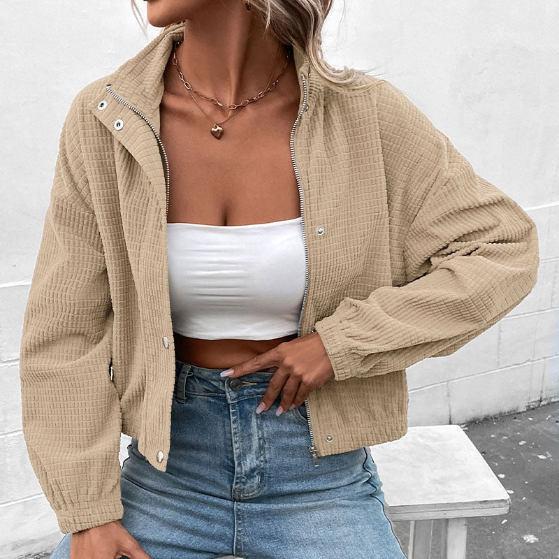 Women's short waffle structure jacket with stand-up collar and zipper Mune Fashion