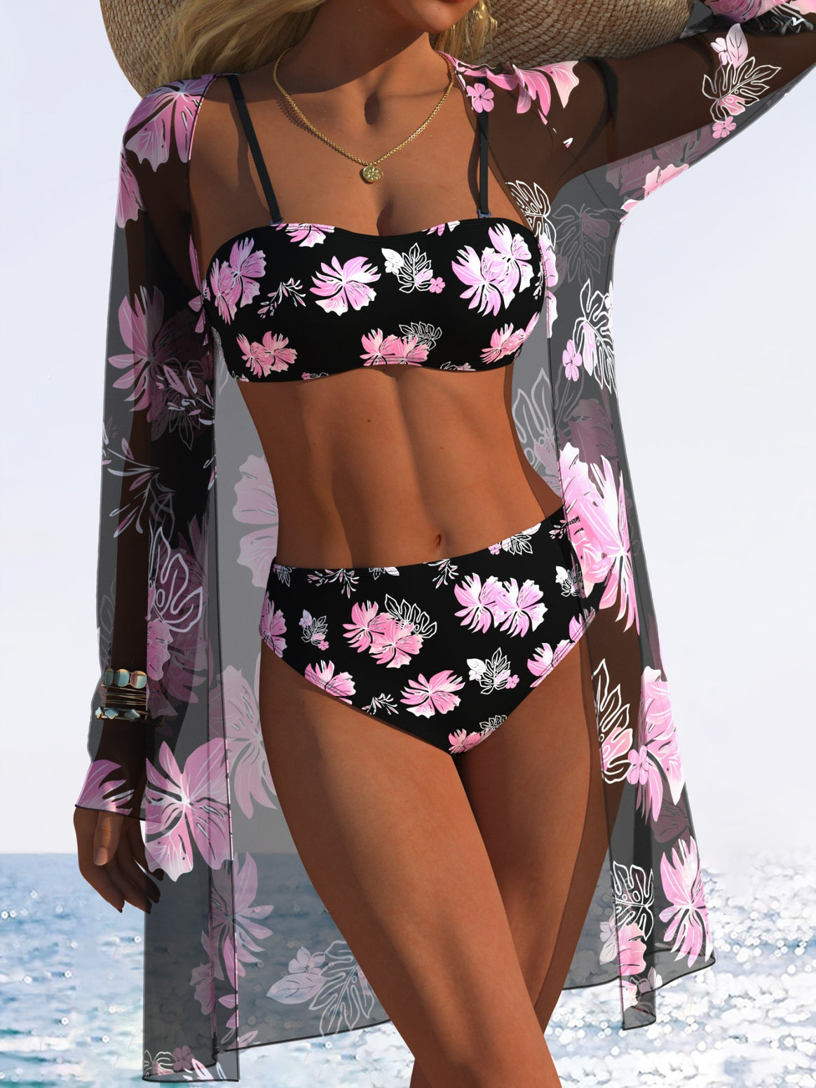 Women's bikini set with floral design and transparent beach jacket Mune Fashion
