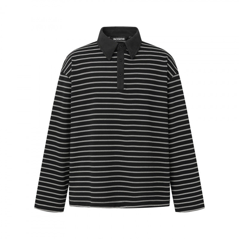 Unisex Long Sleeve Polo Shirt in Oversized Cut made from Cotton Jersey with Stripes and Henley Button Placket Mune Fashion