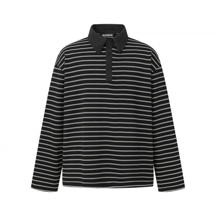 Unisex Long Sleeve Polo Shirt in Oversized Cut made from Cotton Jersey with Stripes and Henley Button Placket Mune Fashion