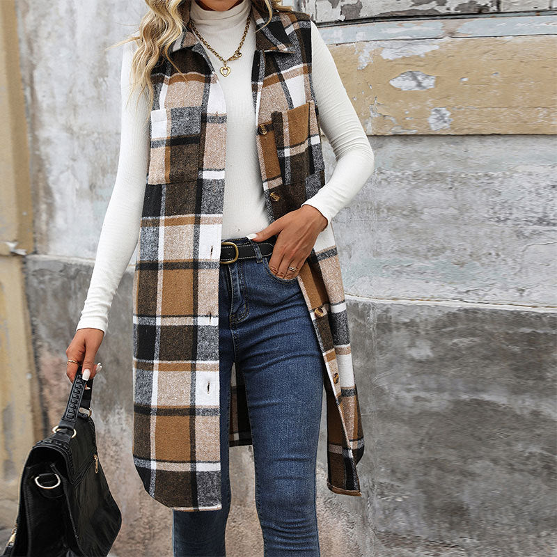 Women's Sleeveless Checkered Long Vest with Shirt Collar Mune Fashion