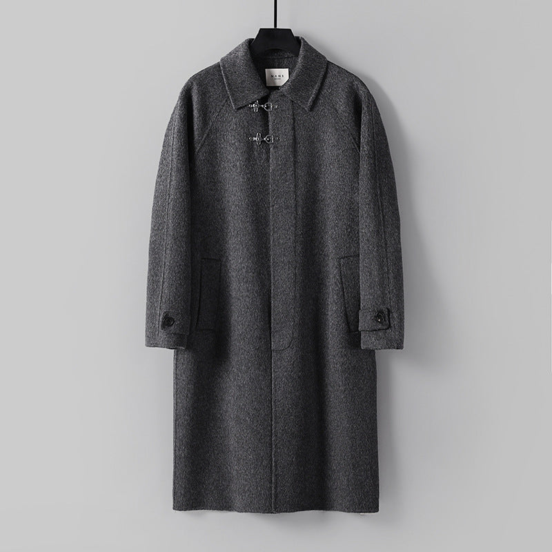 Men's Straight Wool Blend Long Coat with Concealed Front and Decorative Toggle Closures Mune Fashion