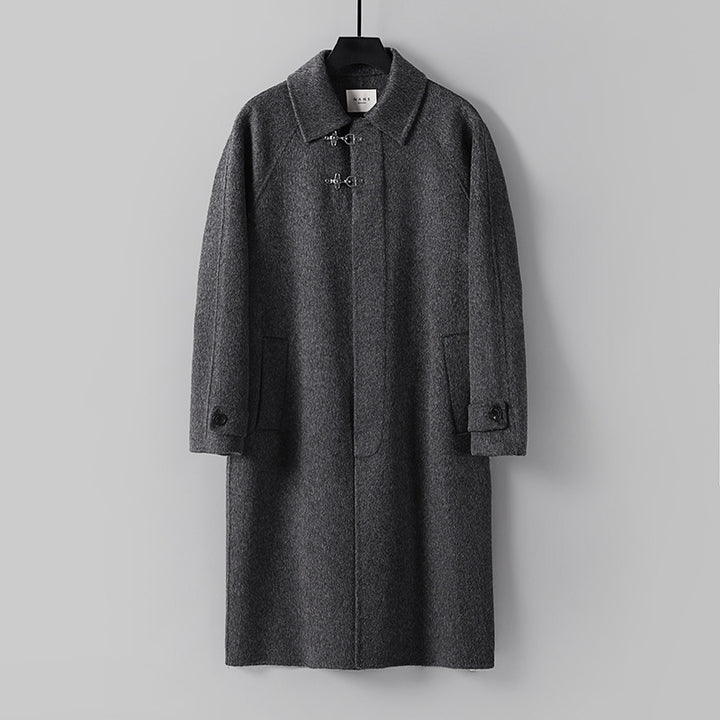 Men's Straight Wool Blend Long Coat with Concealed Front and Decorative Toggle Closures Mune Fashion