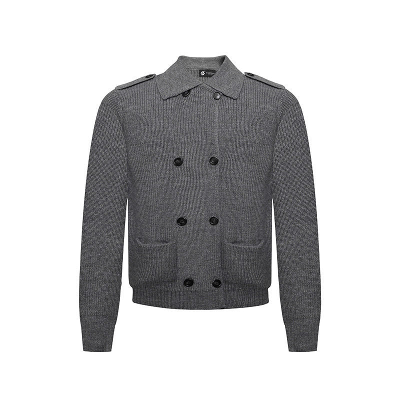 Men's knit double-breasted cardigan with collar, shoulder tabs, and welt pockets Mune Fashion