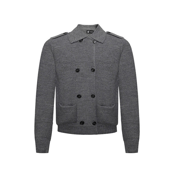 Men's knit double-breasted cardigan with collar, shoulder tabs, and welt pockets Mune Fashion