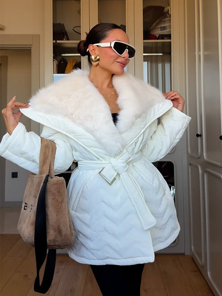Ladies Shiny Padded Jacket with Waist Belt and Voluminous Faux Fur Collar Mune Fashion