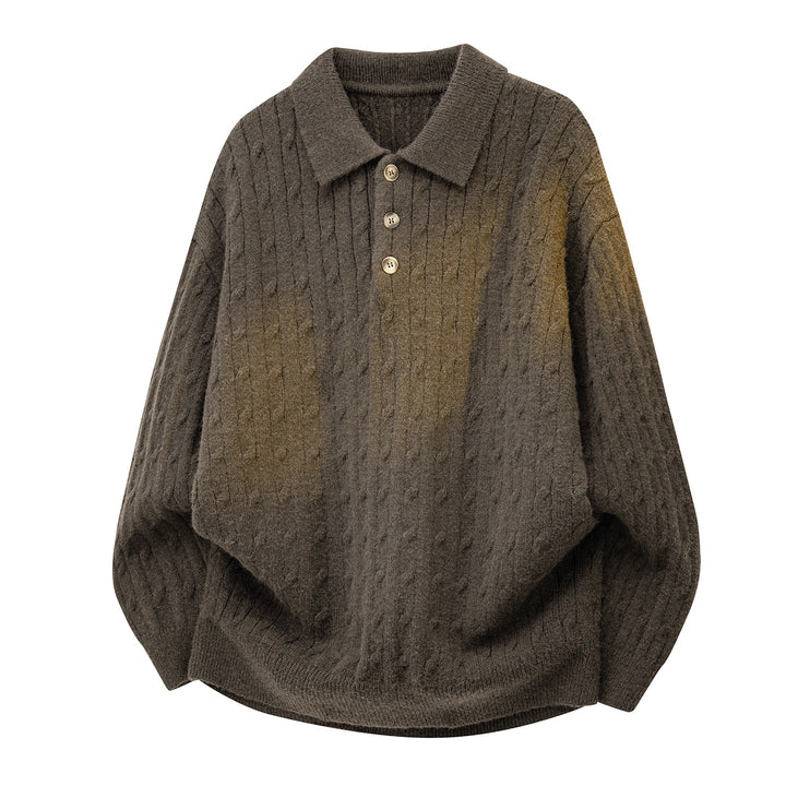 Men's Chunky Knit Oversized Polo Sweater with Button Placket & Cable Knit Pattern Mune Fashion