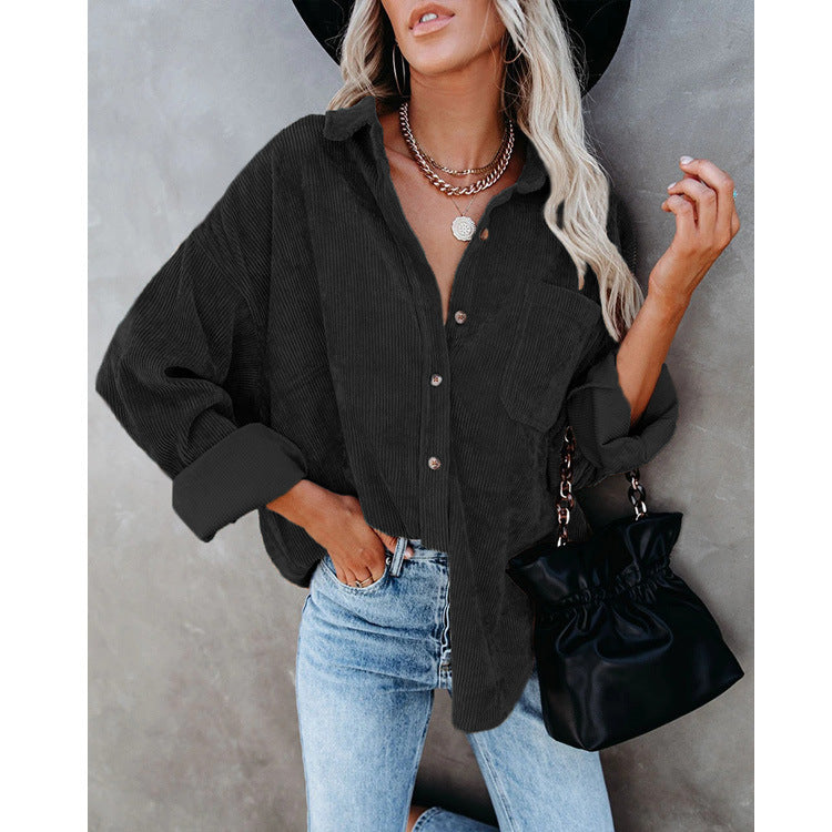 Women's Oversized Cord Shirt Jacket with Breast Pocket and Continuous Button Placket Mune Fashion