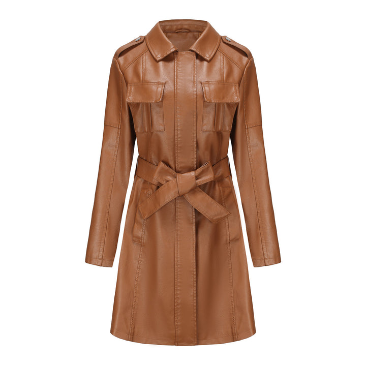 Women's longer faux leather trench coat with belt and shoulder tabs Mune Fashion