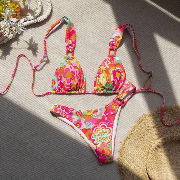 Women Triangle Bikini with colorful flower pattern and adjustable straps Mune Fashion